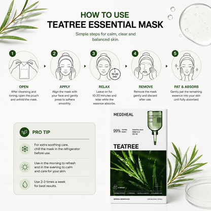 How to use Mediheal Teatree Essential Mask infographic with step by step sheet mask application instructions