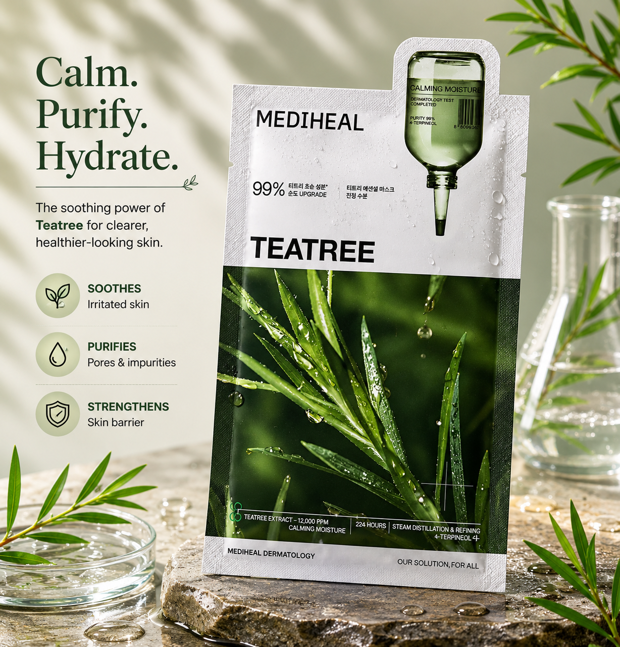 Mediheal Teatree Essential Mask lifestyle image with tea tree botanical elements highlighting soothing purifying and hydrating skincare benefits