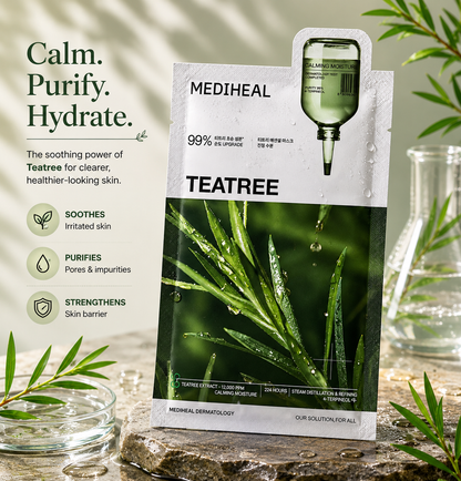 Mediheal Teatree Essential Mask lifestyle image with tea tree botanical elements highlighting soothing purifying and hydrating skincare benefits