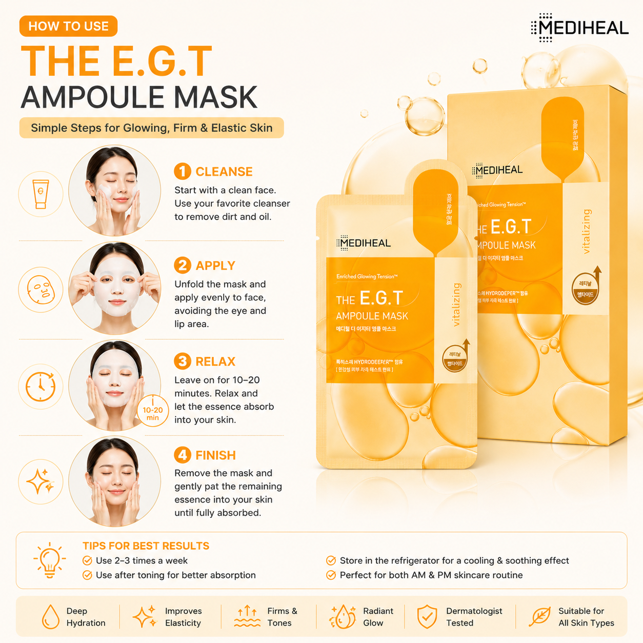 How to use MEDIHEAL The E.G.T Ampoule Mask step-by-step guide for cleansing, applying, relaxing, and finishing for optimal skincare results.