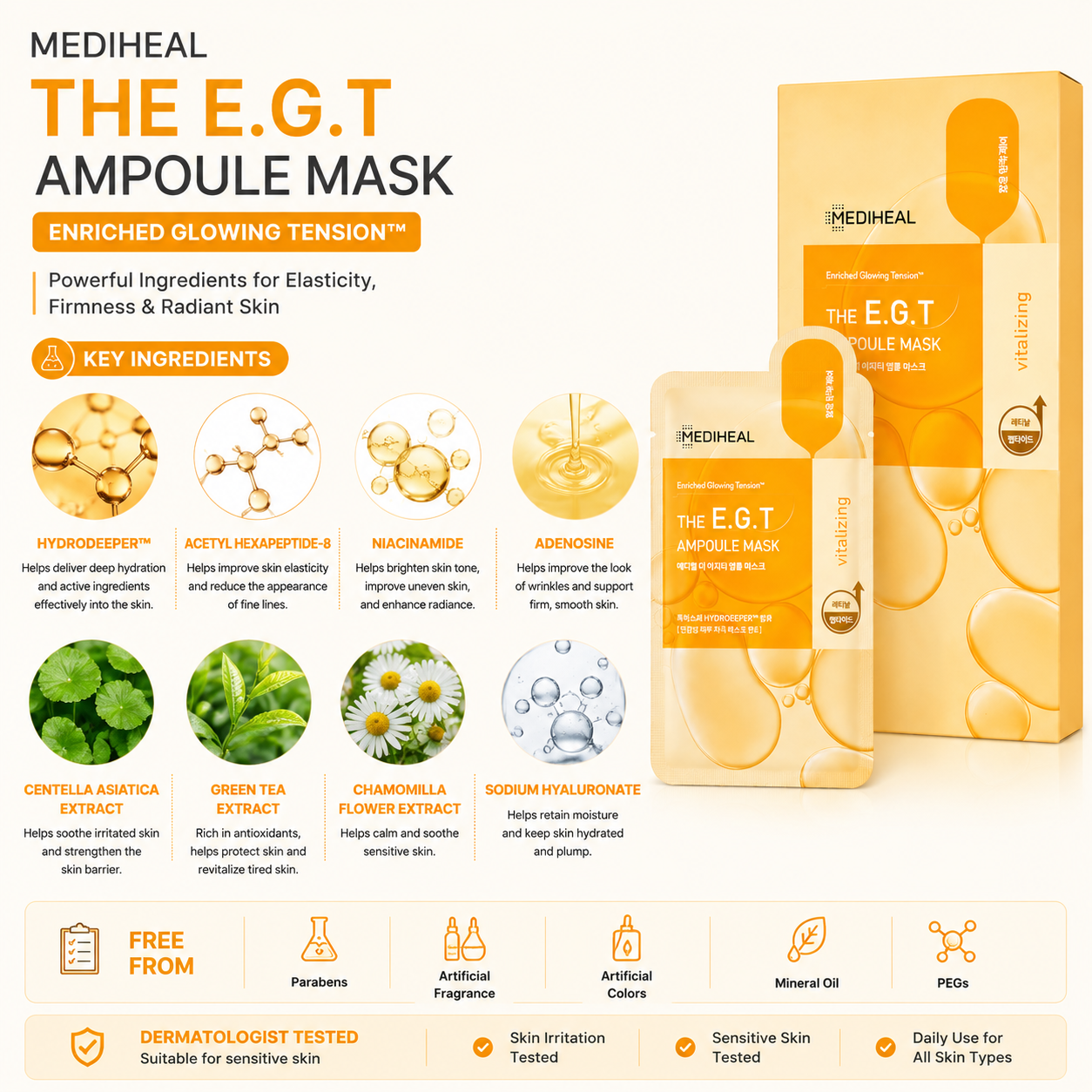 MEDIHEAL The E.G.T Ampoule Mask ingredients infographic featuring HYDRODEEPER™, Acetyl Hexapeptide-8, Niacinamide, Adenosine, Centella Asiatica, Green Tea, Chamomile, and Sodium Hyaluronate.