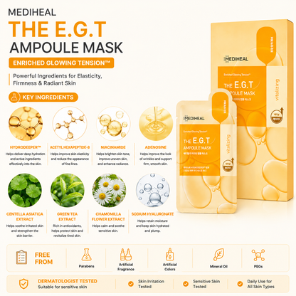 MEDIHEAL The E.G.T Ampoule Mask ingredients infographic featuring HYDRODEEPER™, Acetyl Hexapeptide-8, Niacinamide, Adenosine, Centella Asiatica, Green Tea, Chamomile, and Sodium Hyaluronate.