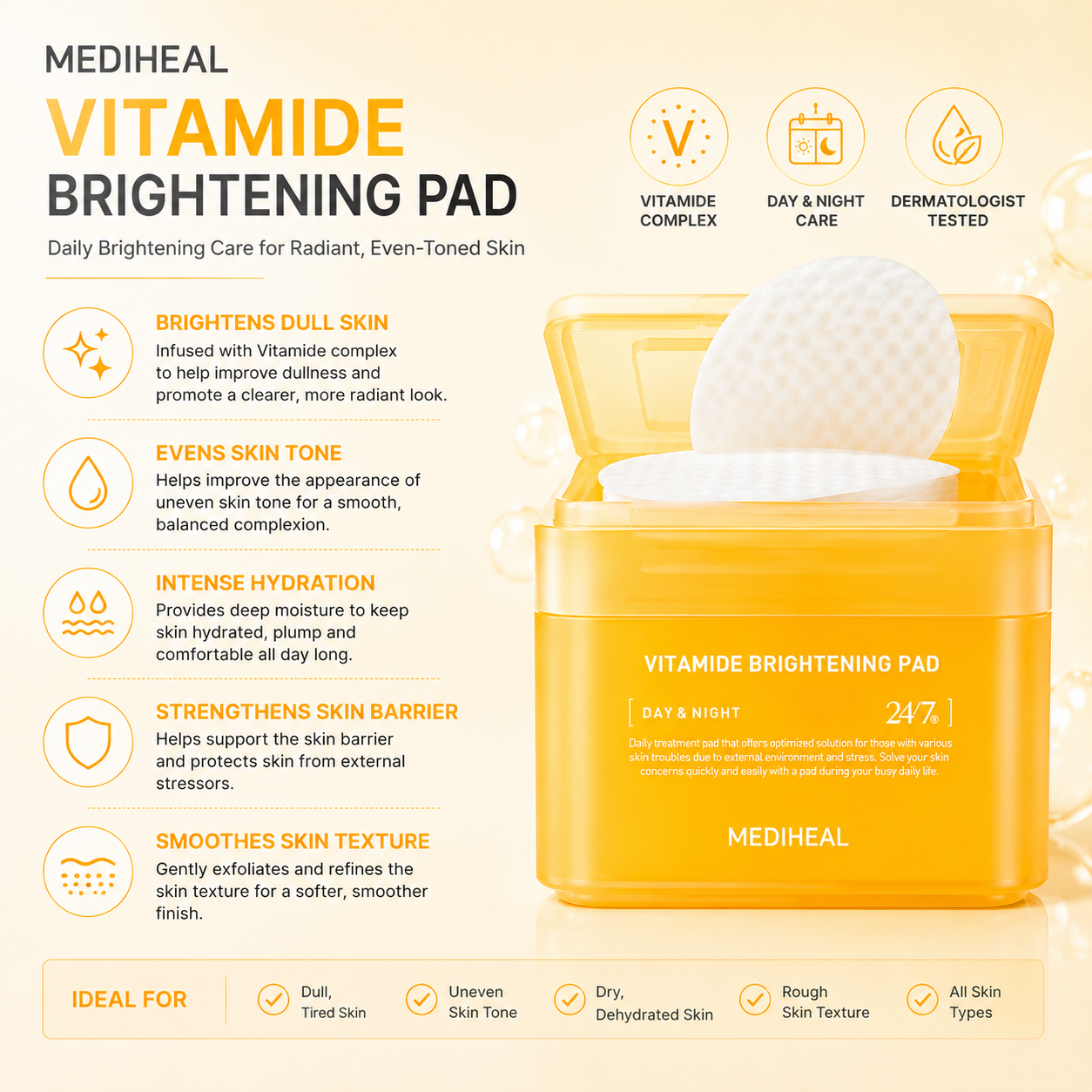 MEDIHEAL Vitamide Brightening Pad benefits including brightening, hydration, skin tone improvement and barrier care