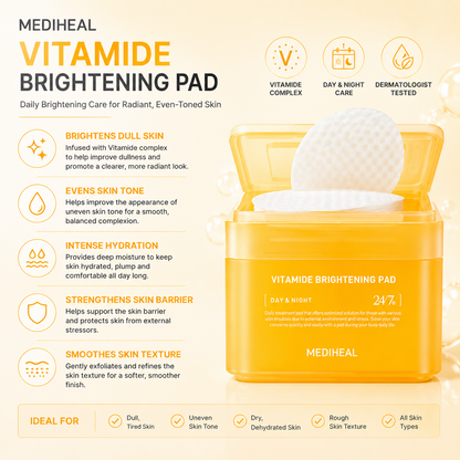 MEDIHEAL Vitamide Brightening Pad benefits including brightening, hydration, skin tone improvement and barrier care