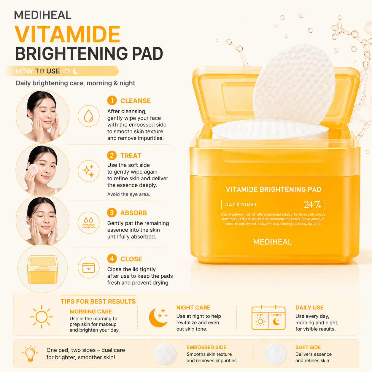 How to use MEDIHEAL Vitamide Brightening Pad dual-texture toner pads for daily morning and evening skincare routine