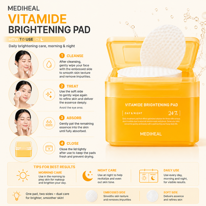 How to use MEDIHEAL Vitamide Brightening Pad dual-texture toner pads for daily morning and evening skincare routine