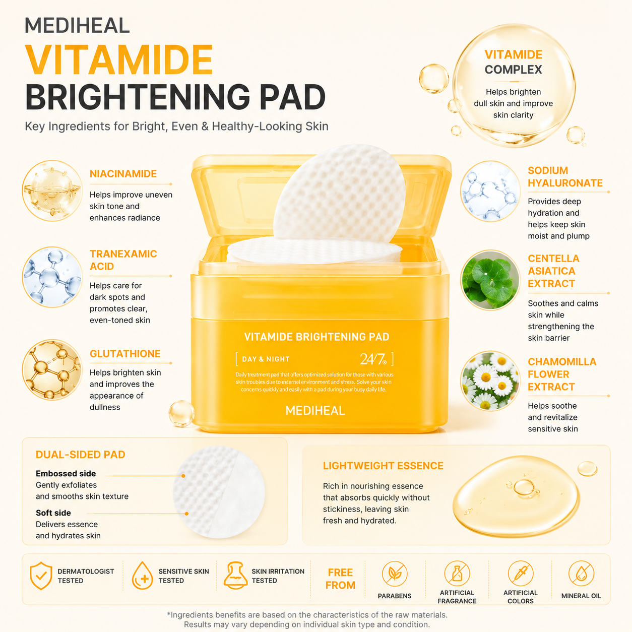 MEDIHEAL Vitamide Brightening Pad key ingredients including Vitamide Complex, Niacinamide, Tranexamic Acid and Centella Asiatica