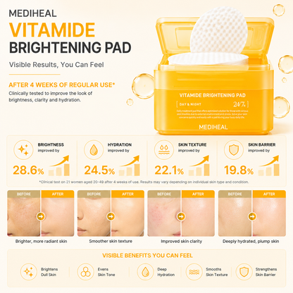 MEDIHEAL Vitamide Brightening Pad clinical skin brightening results showing improved radiance, hydration and skin texture