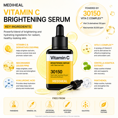 MEDIHEAL Vitamin C Brightening Serum key ingredients featuring Vitamin C complex, Niacinamide, Hyaluronic Acid, Panthenol and Centella Asiatica extract