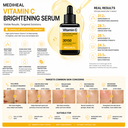 MEDIHEAL Vitamin C Brightening Serum targets dull skin, uneven skin tone, dark spots, rough texture, dehydration and weakened skin barrier for brighter healthier-looking skin