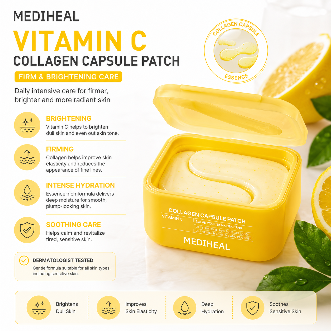 MEDIHEAL Vitamin C Collagen Capsule Patch benefits including brightening dull skin, improving elasticity, deep hydration and soothing care.