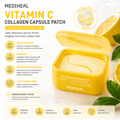 MEDIHEAL Vitamin C Collagen Capsule Patch benefits including brightening dull skin, improving elasticity, deep hydration and soothing care.