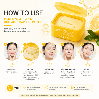How to use MEDIHEAL Vitamin C Collagen Capsule Patch eye masks for brightening, firming and hydrating skincare results.