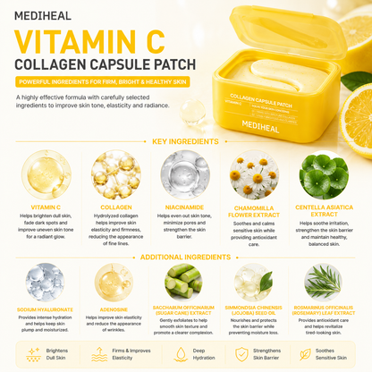 MEDIHEAL Vitamin C Collagen Capsule Patch key ingredients including Vitamin C, collagen, niacinamide, centella asiatica and chamomile extract.