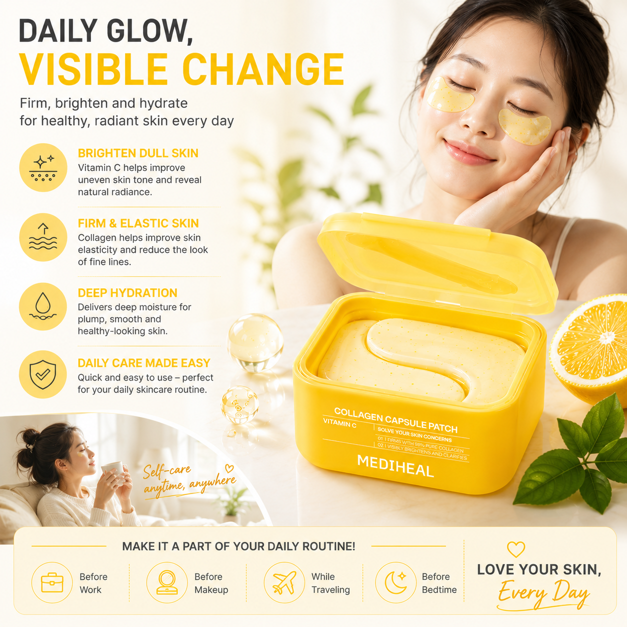 MEDIHEAL Vitamin C Collagen Capsule Patch lifestyle image featuring brightening eye patches for radiant, firm and hydrated skin.