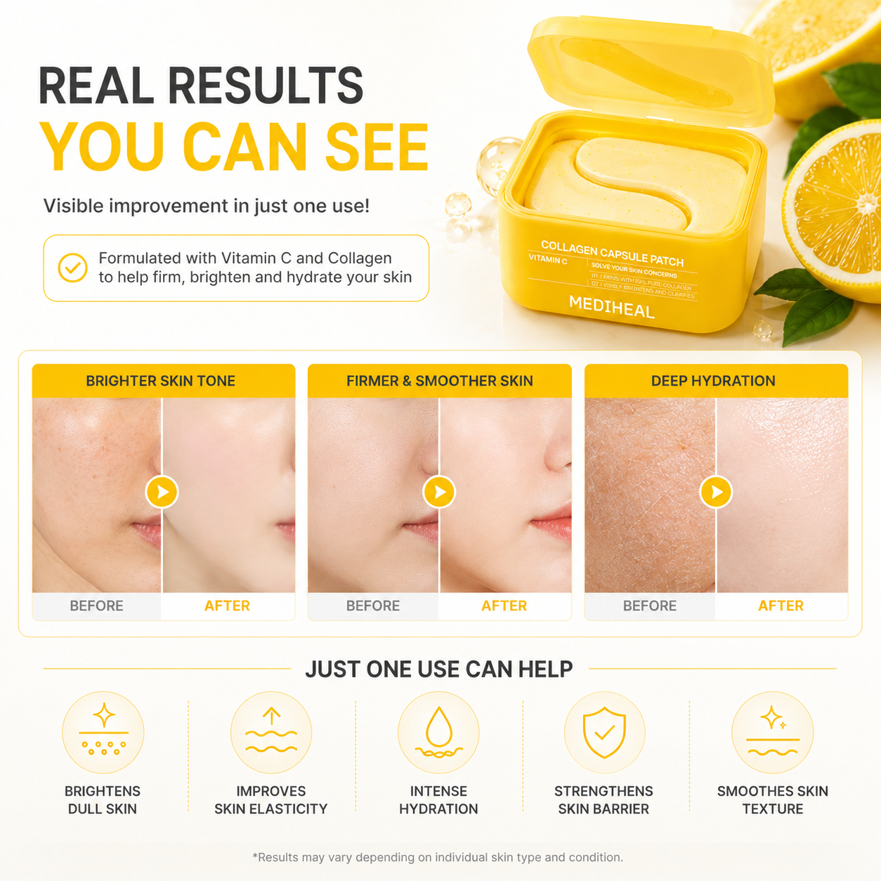 MEDIHEAL Vitamin C Collagen Capsule Patch before and after results showing brighter, firmer and more hydrated skin appearance.