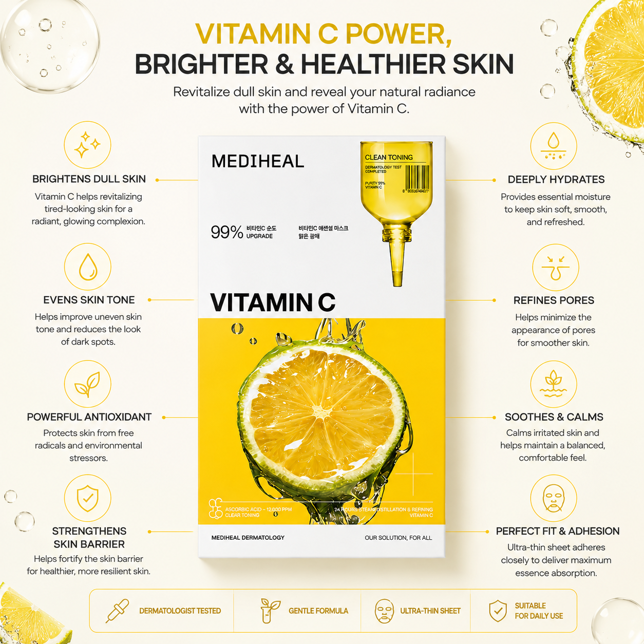 MEDIHEAL Vitamin C Essential Sheet Mask benefits including brightening, hydration, pore care and skin barrier support
