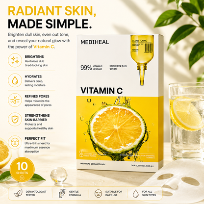 MEDIHEAL Vitamin C Essential Sheet Mask lifestyle image featuring brightening skincare and radiant glowing skin