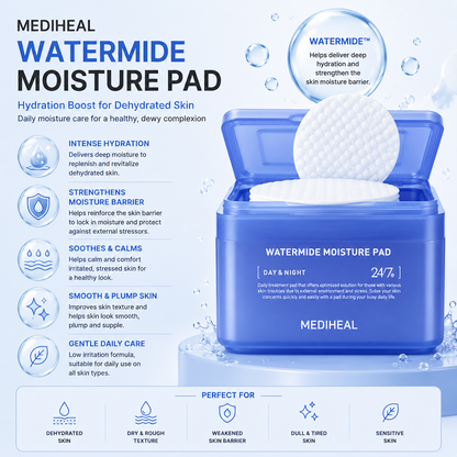 MEDIHEAL Watermide Moisture Pad benefits infographic featuring intense hydration, moisture barrier support, soothing care and plumping effect