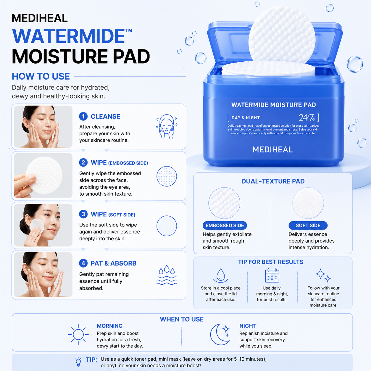 How to use MEDIHEAL Watermide Moisture Pad showing embossed side, soft side and daily hydration skincare routine steps