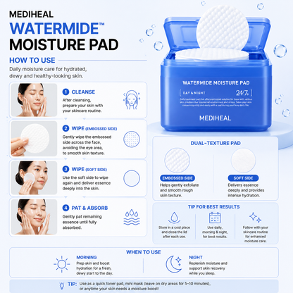 How to use MEDIHEAL Watermide Moisture Pad showing embossed side, soft side and daily hydration skincare routine steps