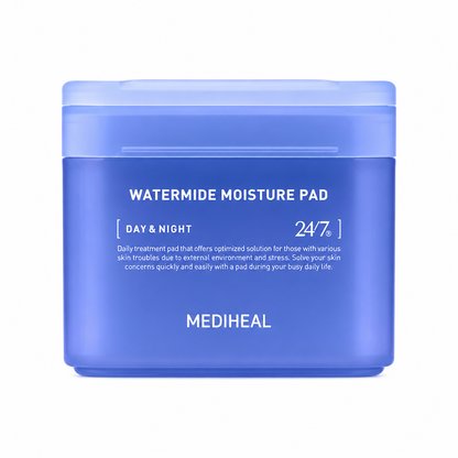 MEDIHEAL Watermide Moisture Pad 100pcs moisturizing toner pads in blue container on white background