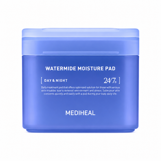 MEDIHEAL Watermide Moisture Pad 100pcs moisturizing toner pads in blue container on white background