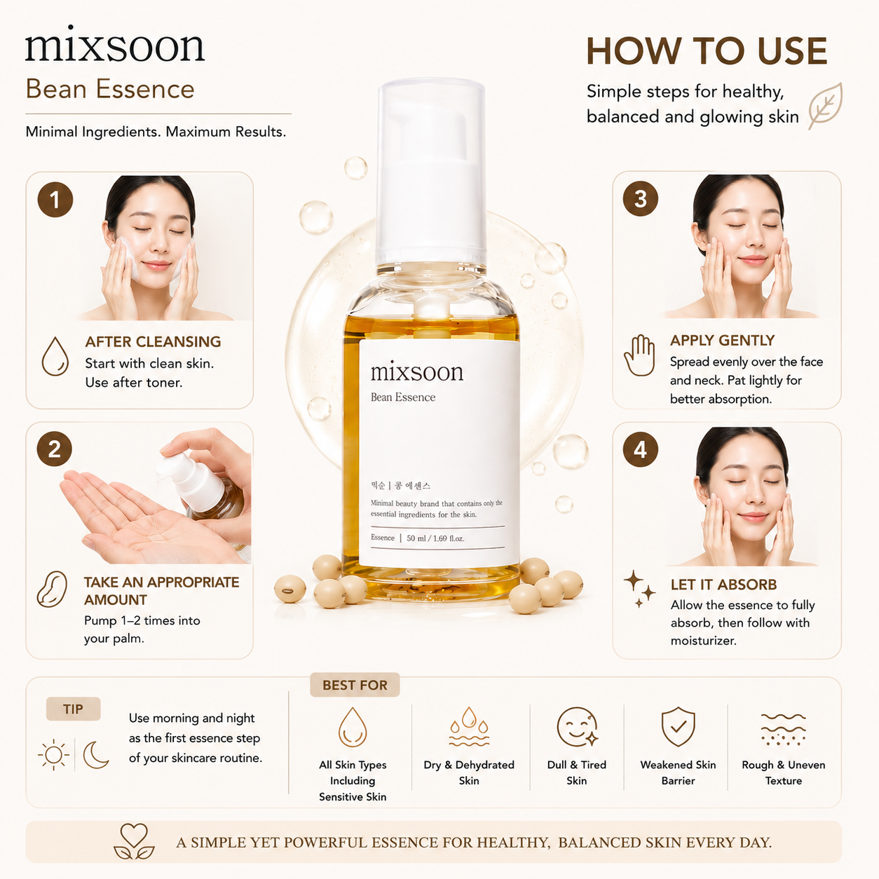 How to use Mixsoon Bean Essence 50ml as the first essence after cleansing for hydrated and healthy-looking skin