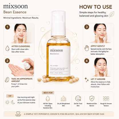 How to use Mixsoon Bean Essence 50ml as the first essence after cleansing for hydrated and healthy-looking skin