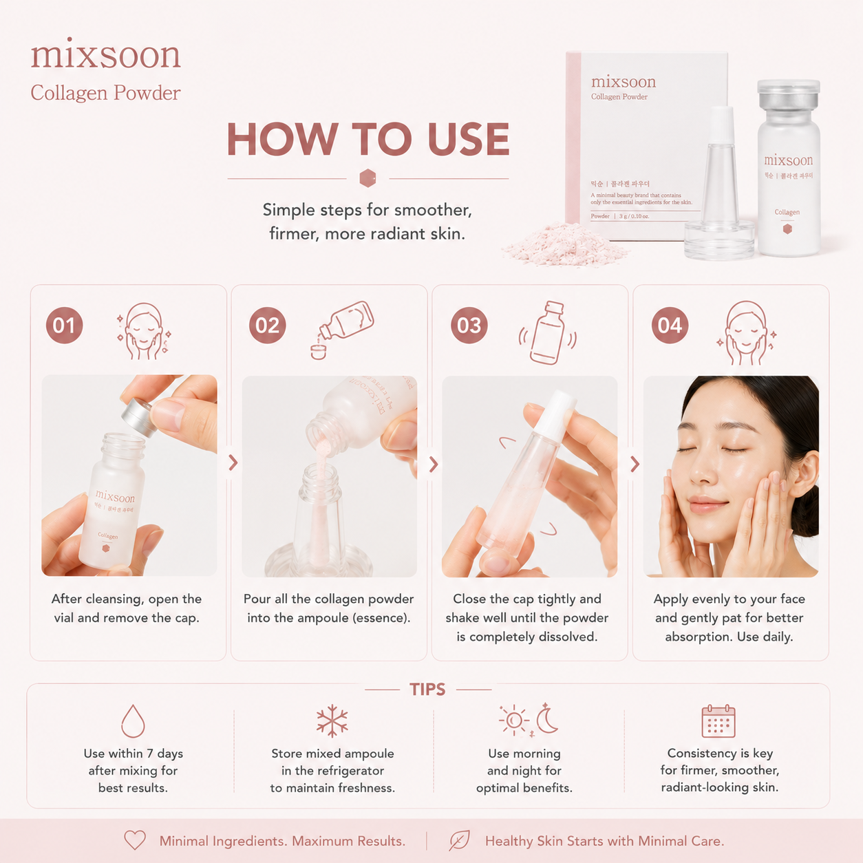 How to use Mixsoon Collagen Powder 3g by mixing collagen powder with ampoule before applying to skin