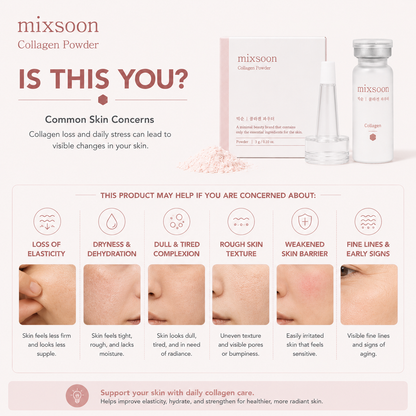 Mixsoon Collagen Powder 3g helps improve dry skin, fine lines, rough texture, dull skin and weakened skin barrier