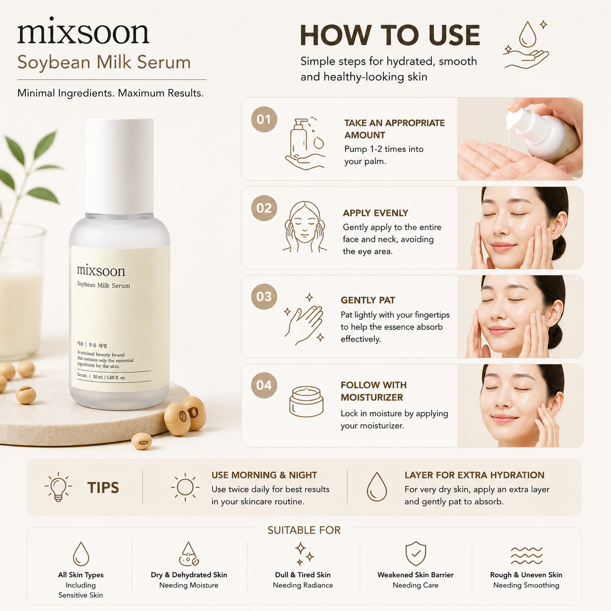 How to use MIXSOON Soybean Milk Serum 50ml daily Korean skincare serum for hydrated and healthy-looking skin