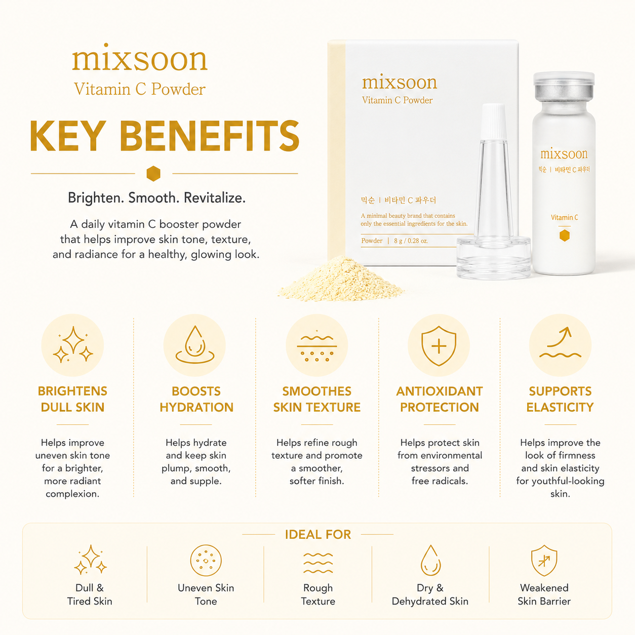 Mixsoon Vitamin C Powder key benefits including brightening, hydration, smoother skin texture, antioxidant protection, and improved elasticity.