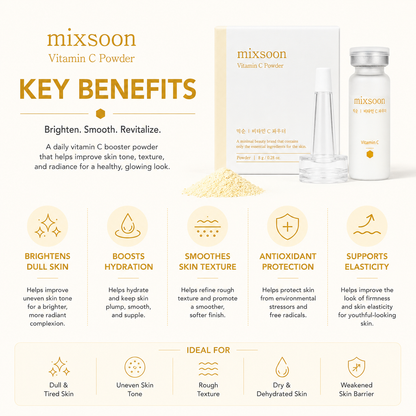 Mixsoon Vitamin C Powder key benefits including brightening, hydration, smoother skin texture, antioxidant protection, and improved elasticity.