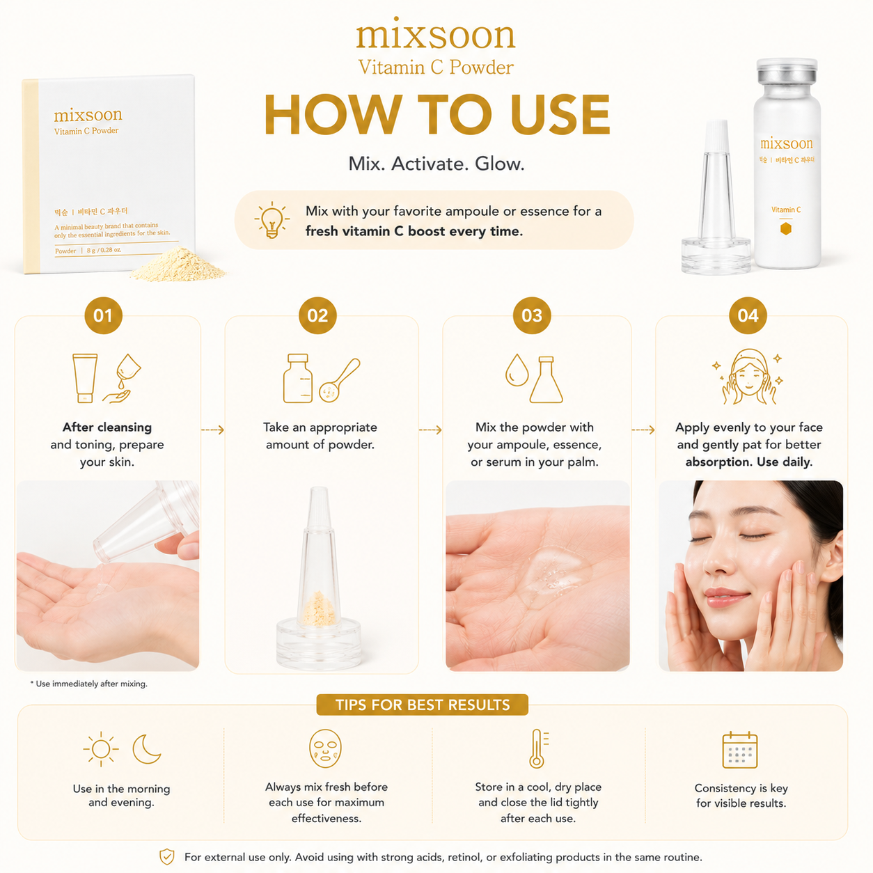 How to use Mixsoon Vitamin C Powder by mixing with ampoule or essence before applying to the skin.