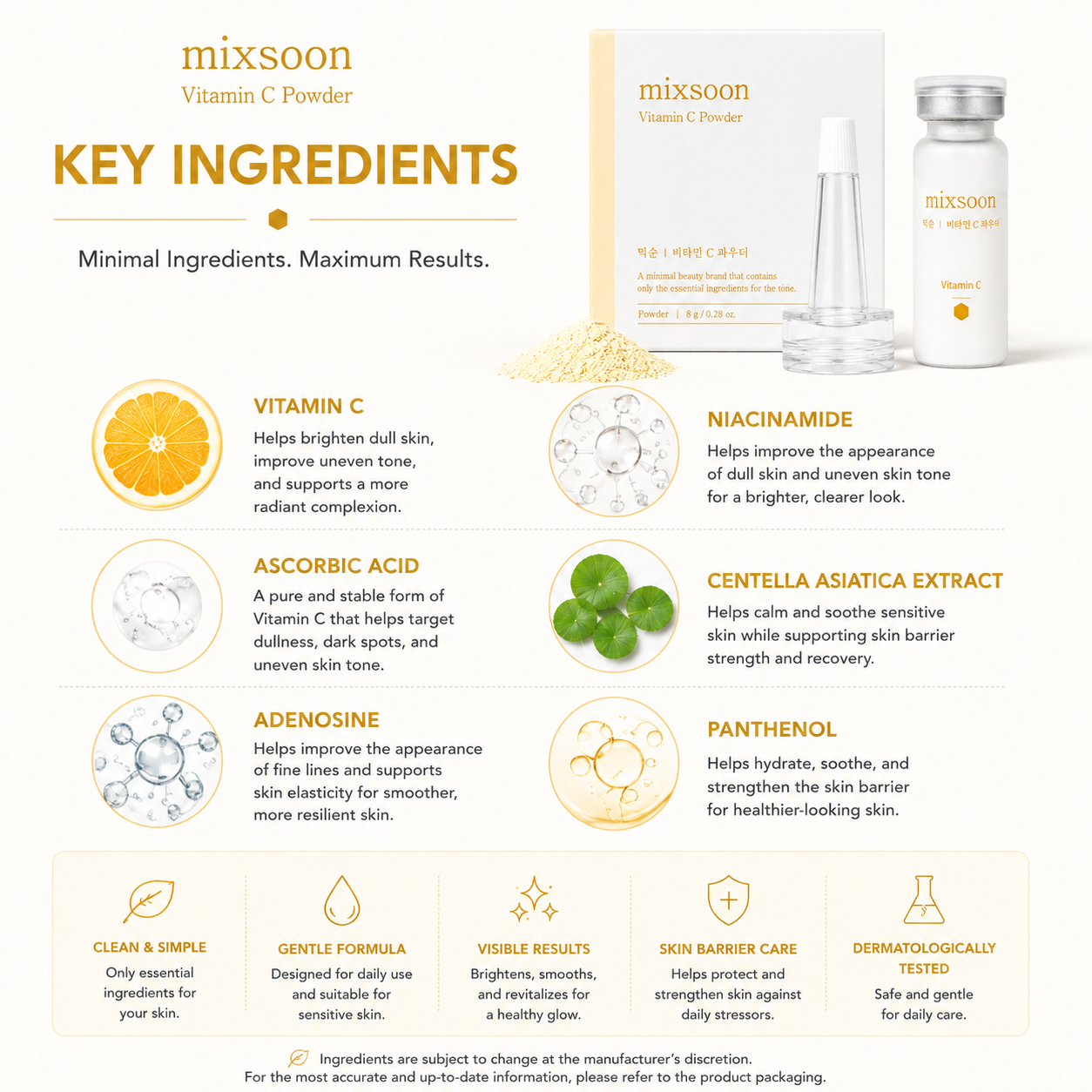 Mixsoon Vitamin C Powder key ingredients including Vitamin C, Ascorbic Acid, Niacinamide, Adenosine, Panthenol, and Centella Asiatica Extract.
