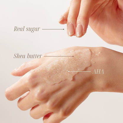 PLU sea salt body scrub texture with shea butter and AHA exfoliation