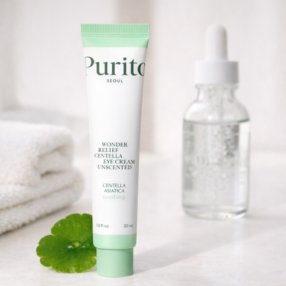 Purito Centella Unscented Eye Cream in Korean skincare routine with soothing centella extract
