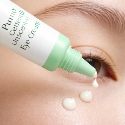 Purito Centella Unscented Eye Cream applied under eye for hydration and soothing care