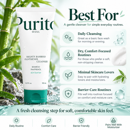 PURITO Mighty Bamboo Panthenol Cleanser best for daily cleansing, dry skin routines, minimal skincare, and barrier-focused care