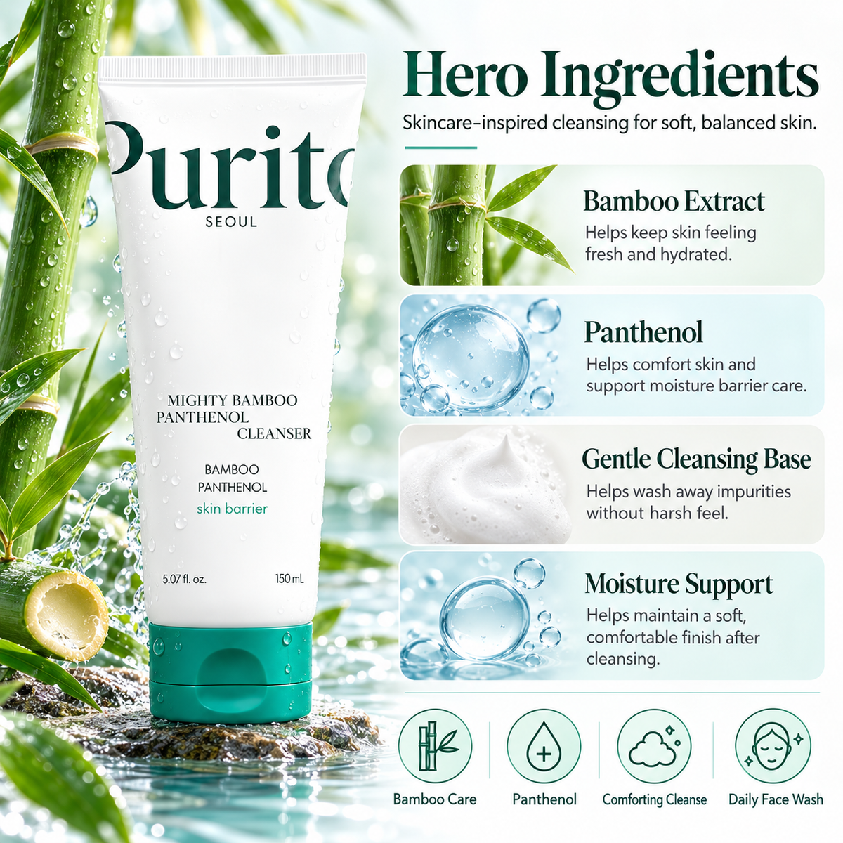 PURITO Mighty Bamboo Panthenol Cleanser ingredients infographic highlighting bamboo extract, panthenol, gentle cleansing base, and moisture support