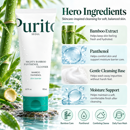 PURITO Mighty Bamboo Panthenol Cleanser ingredients infographic highlighting bamboo extract, panthenol, gentle cleansing base, and moisture support