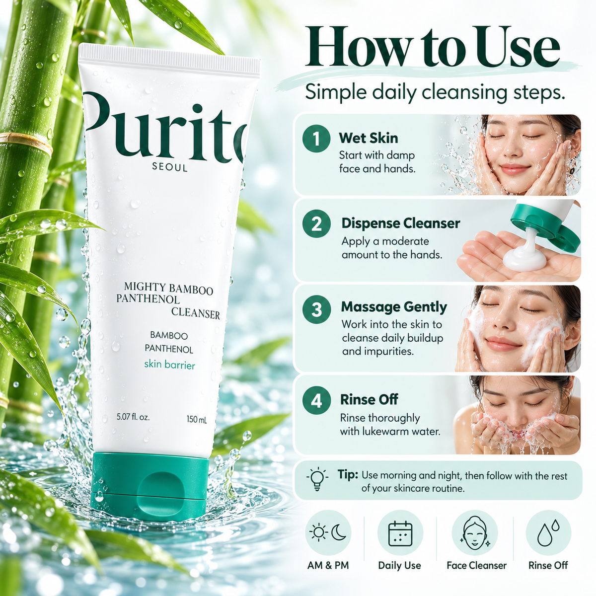 How to use PURITO Mighty Bamboo Panthenol Cleanser with wet skin, cleanser application, gentle massage, and rinsing steps