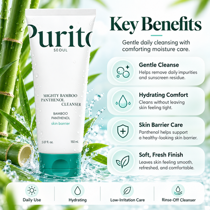 PURITO Mighty Bamboo Panthenol Cleanser benefits infographic for gentle cleansing, hydration, skin barrier care, and a soft fresh finish