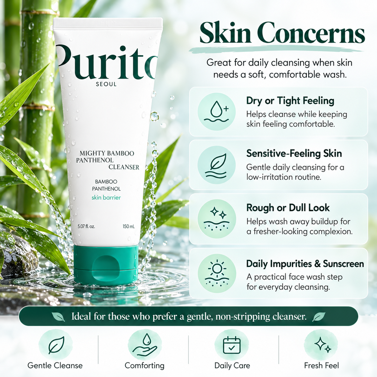 PURITO Mighty Bamboo Panthenol Cleanser for dry, tight, sensitive-feeling, rough, dull skin and daily sunscreen buildup