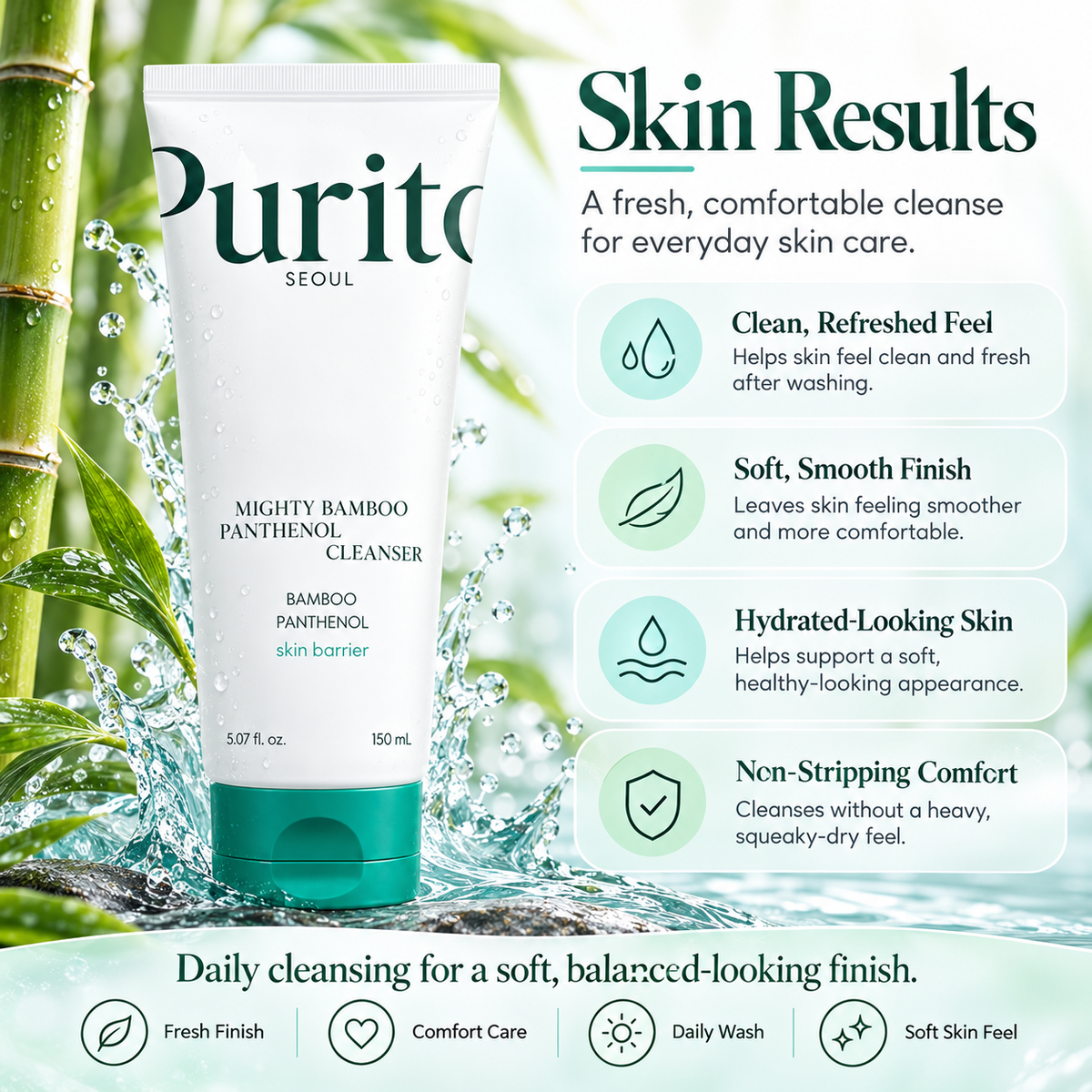 PURITO Mighty Bamboo Panthenol Cleanser skin results infographic showing clean, refreshed, soft, hydrated-looking, and comfortable skin