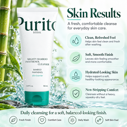 PURITO Mighty Bamboo Panthenol Cleanser skin results infographic showing clean, refreshed, soft, hydrated-looking, and comfortable skin