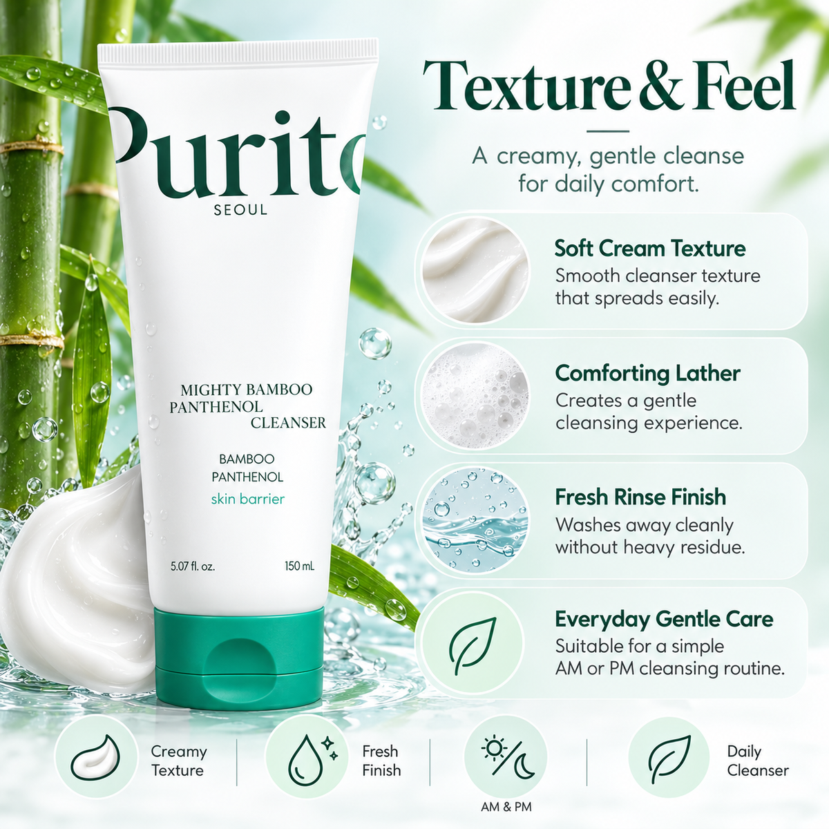 PURITO Mighty Bamboo Panthenol Cleanser texture infographic showing soft cream texture, gentle lather, fresh rinse finish, and daily use