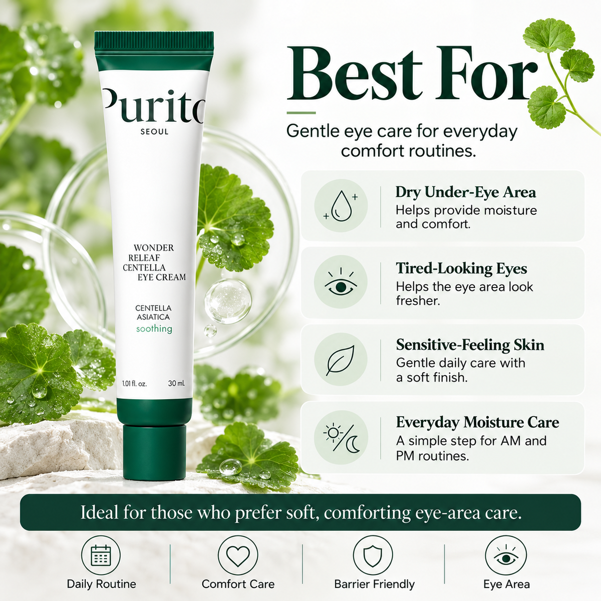PURITO Wonder Releaf Centella Eye Cream best for dry under-eye areas, tired-looking eyes, sensitive-feeling skin, and daily moisture care