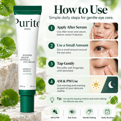 How to use PURITO Wonder Releaf Centella Eye Cream with small amount application, gentle tapping, and morning and evening use